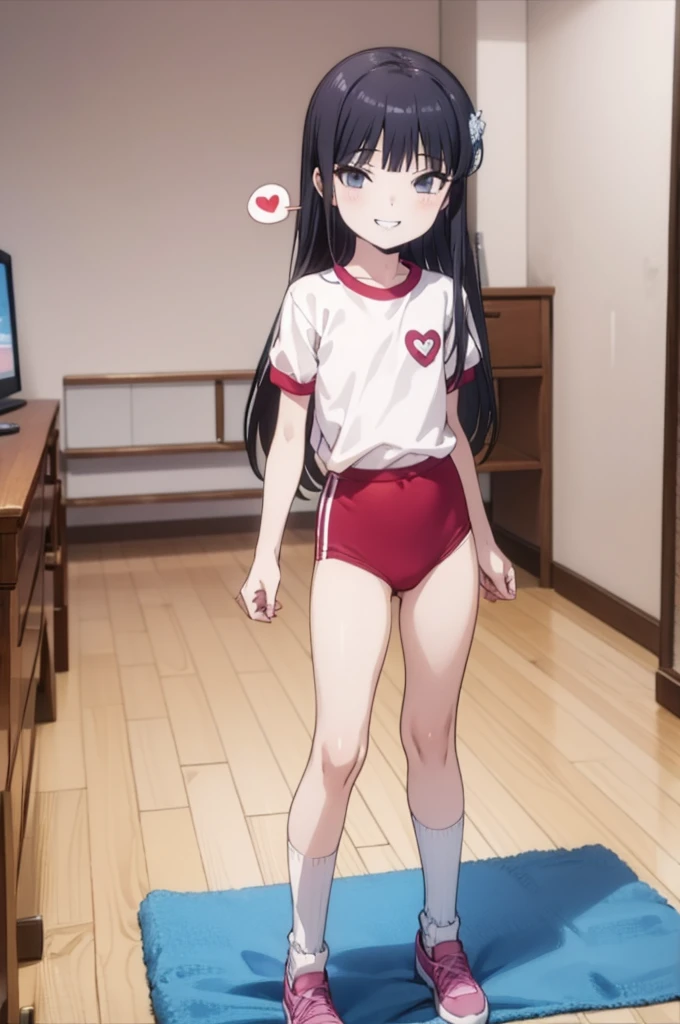 solo, 1girl, looking at viewer, , miyuki shiba, , , looking at viewer, smile,,,spoken heart,6yo,(petite),flat chest,grin,my room,socks,,buruma,gym shirts
