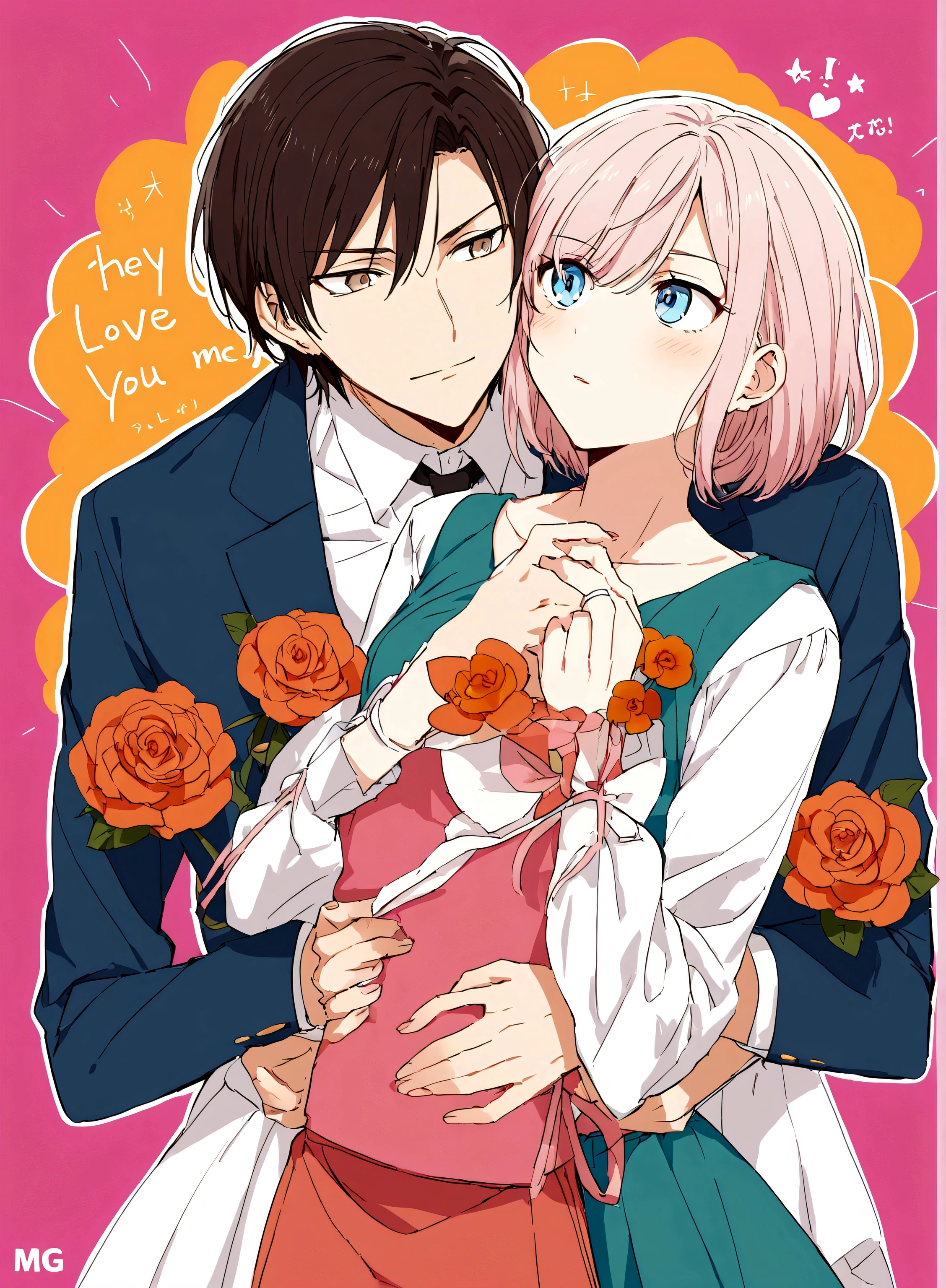I would like you to create the cover of an anime book featuring a scene involving a young girl with long pink hair and light brown eyes, wearing a long white dress, next to a boy with short white hair and light blue eyes, dressed in a modern style. They are close, him caressing your cheek and exchanging intense looks, as she glares at him with a furious expression. And above the name of the book: I love you, but you love me?