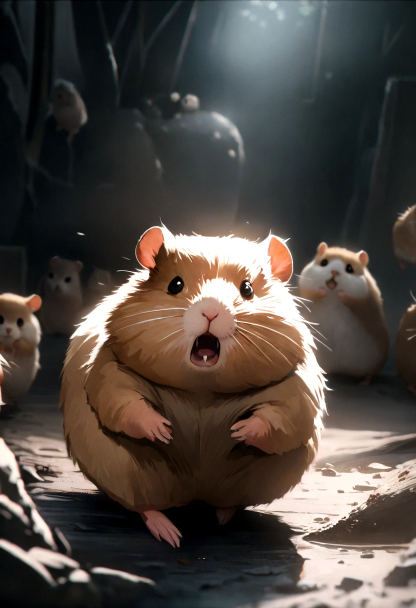 a scared hamster running away,(вид полу сбоку), hamster,rodent,animal,scared expression,motion blur,detailed fur texture,dynamic composition,dramatic lighting,cinematic color grading,highly detailed,photorealistic,8k,masterpiece