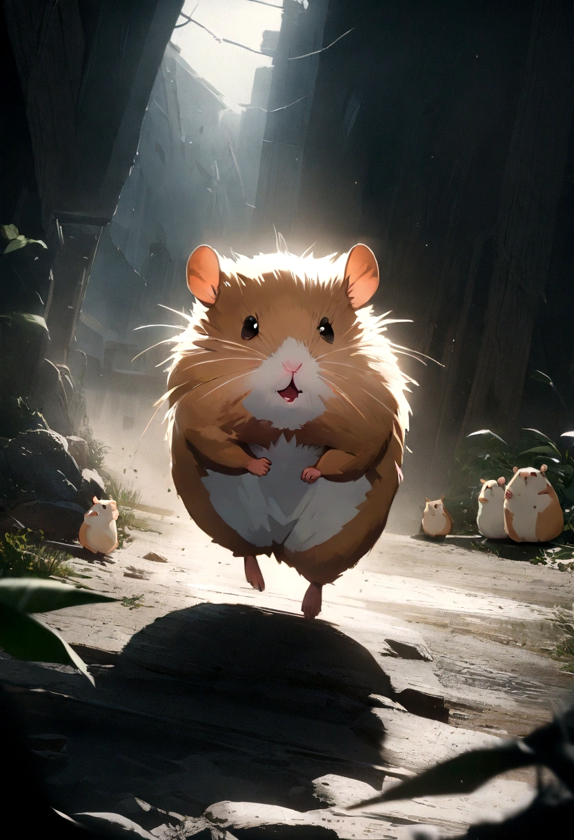 a scared hamster running away,(вид полу сбоку), hamster,rodent,animal,scared expression,motion blur,detailed fur texture,dynamic composition,dramatic lighting,cinematic color grading,highly detailed,photorealistic,8k,masterpiece