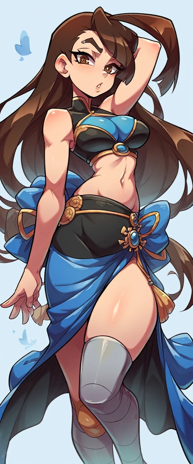 a sexy girl big breast beautiful beauty brown hair long two hair ball asian style her brown eye big black eyebrow dresses sleeveless top kung fu black metallic line golden edge shows navel and a metallic black skirt long piece shows leg thighs big sensual blue heel