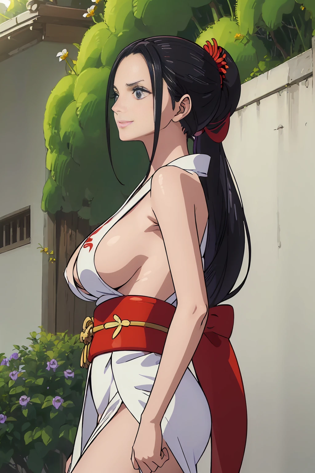 ((((Very nice smile))))、(((おでこを出す:1.5)))、((Direct your gaze this way))、1 girl,NsfW,(one peace wanokuni edition)、((ponytail、Red ribbon on the tie)) 、((they say olobi))、((A very sexy mini kimono dress with a large slit、(((Kimono obi)))、(((The white kimono is decorated with purple iris flowers)))、((Wearing a black haori with a red lining)),Exposed underboob)):1.2, White costume,((Short costume)),(((nico robin))),(ONEPIECE),((Huge breasts 1.8)), clavicle, Glowing purple eyes,absurdists, brainwashing,Hollow Eyes, ((Expressionless, Emotional removal)),avert your eyes , Full body portrait, Outdoor,Dim Alley,night, (highest quality、4K、8K、High resolution、Must have:1.2)、Very detailed、(reality、It is realistic.、Realistic:1.37)、ticker、hyper HD、Studio Lighting、Ultra High Definition Paint、Sharp focus、Physically Based Rendering、Extreme Detail、Professional specifications、Vibrancy and color、Blurred、Sports portrait、landscape、Horror Style、Anime Big Tits、sf、photograph、Concept Artist、Five Fingers, Perfect body, {{{masterpiece}}}, {{{highest quality}}}, {{Very detailed}}, {shape}, {{Very delicate and beautiful}},Improved cost performance、all roles、Canon 5D MK4でphotograph、photograph, ((((The back is surrounded by many flowers on the vast grassland、She is centered in the frontal shot、Surrounded by flowers that cover the background、sun shine、Illuminated by a dazzling light、Heavenly Sunshine))))(((Topless))),((( shirtless))), (((showing us perfect nipples, perfect areola, perfect nipples, estimated bust 88cm)))