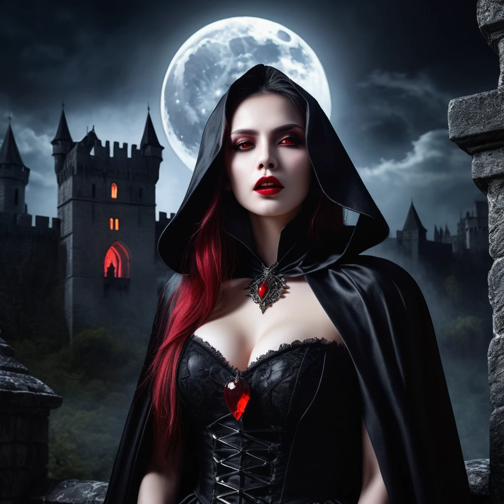 vampire、Gothic、Dark fantasy、White skin、Sharp Fangs、Blood red eyes、Black Cape、Medieval castle、Moonlit Night、Spooky atmosphere、High Contrast、Dramatic lighting、Photorealistic、Very detailed、 