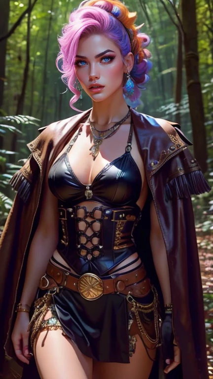 High resolution ultra detailed photography in 3d style of a 35 year old caucasian woman with long legs, woman's hairstyle is a rainbow mohawk hairstyle, clothing is a mix of steampunk and boho gypsy style, clothing is made of velvet with leather and lace, woman's model pose is dancing standing on a pedestal in a forest looking into the camera, the mood of the photograph is dark, slightly muscular body, long legs, clearly realistic face with long eyelashes and full lips and beautiful eyes