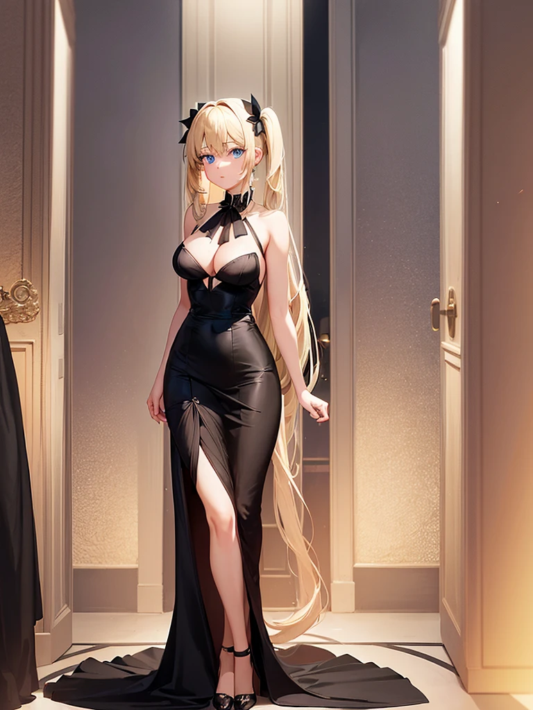 an adult girl, She has two pigtails falling over her shoulders, decorated with black ribbons, SHE HAS BLONDE HAIR, blue eyes and a very elegant and very long black dress for a gala dinner with a cut that allows her to show her leg, wears beautiful evening makeup, He is at a gala party having a glass of champagne, full body image