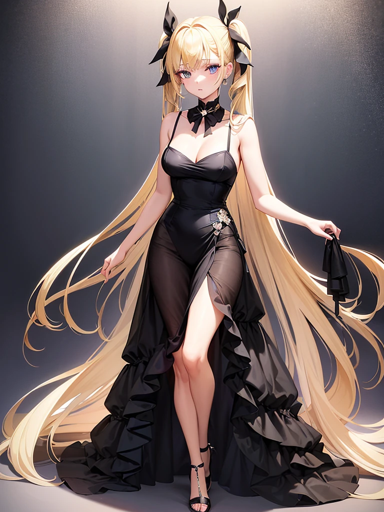 an adult girl, She has two pigtails falling over her shoulders, decorated with black ribbons, SHE HAS BLONDE HAIR, blue eyes and a very elegant and very long black dress for a gala dinner with a cut that allows her to show her leg, wears beautiful evening makeup, He is at a gala party having a glass of champagne, full body image