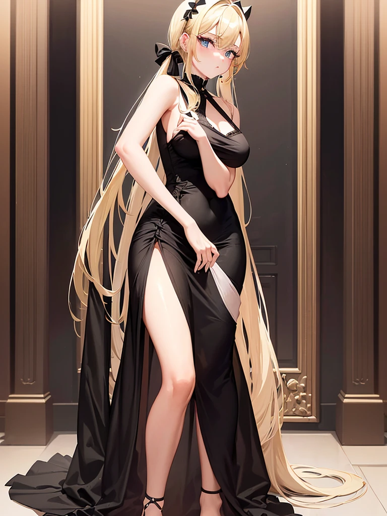 an adult girl, She has two pigtails falling over her shoulders, decorated with black ribbons, SHE HAS BLONDE HAIR, blue eyes and a very elegant and very long black dress for a gala dinner with a cut that allows her to show her leg, wears beautiful evening makeup, He is at a gala party having a glass of champagne, full body image