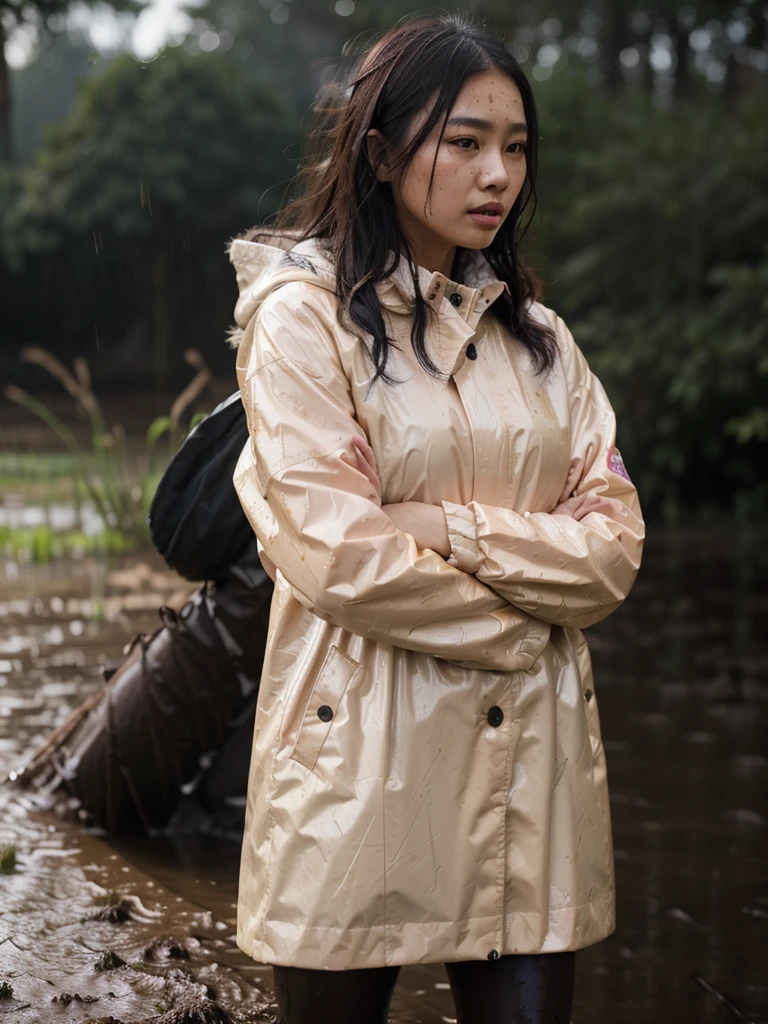 a beautiful young asian woman wearing a pink buttoned raincoat, her clothes and raincoat covered in mud, walking through a muddy field, (best quality,4k,8k,highres,masterpiece:1.2),ultra-detailed,(realistic,photorealistic,photo-realistic:1.37),HDR,UHD,studio lighting,ultra-fine painting,sharp focus,physically-based rendering,extreme detail description,professional,vivid colors,bokeh,portrait,realistic,photographic,natural lighting,muddy environment,rainy day