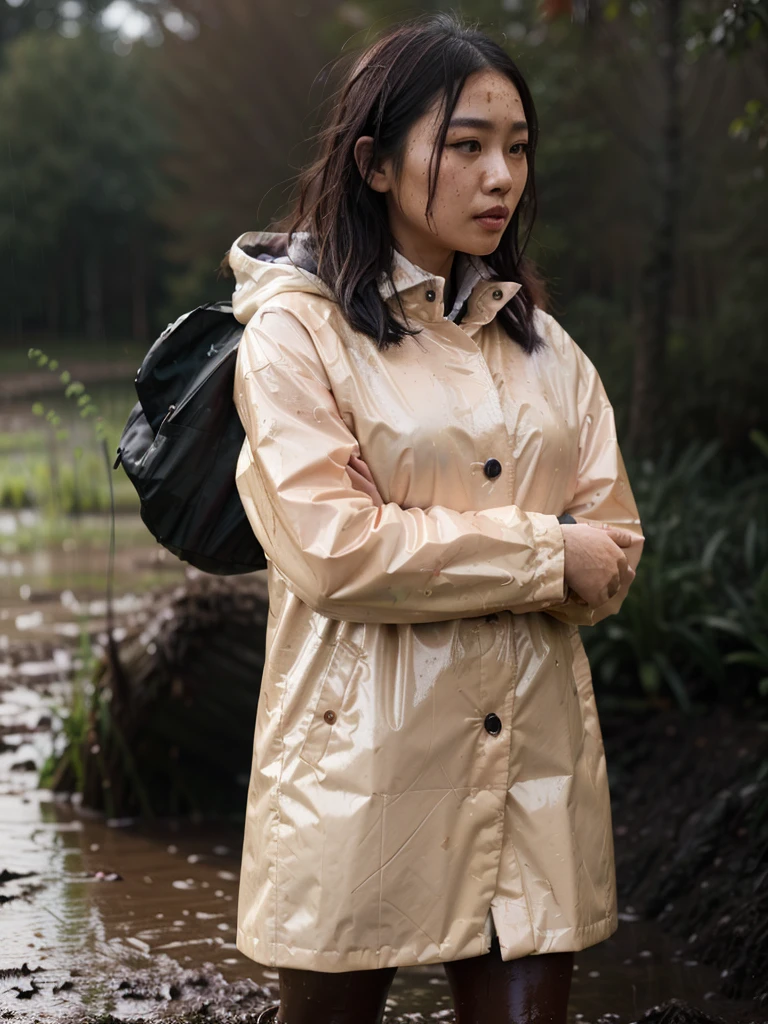 a beautiful young asian woman wearing a pink buttoned raincoat, her clothes and raincoat covered in mud, walking through a muddy field, (best quality,4k,8k,highres,masterpiece:1.2),ultra-detailed,(realistic,photorealistic,photo-realistic:1.37),HDR,UHD,studio lighting,ultra-fine painting,sharp focus,physically-based rendering,extreme detail description,professional,vivid colors,bokeh,portrait,realistic,photographic,natural lighting,muddy environment,rainy day