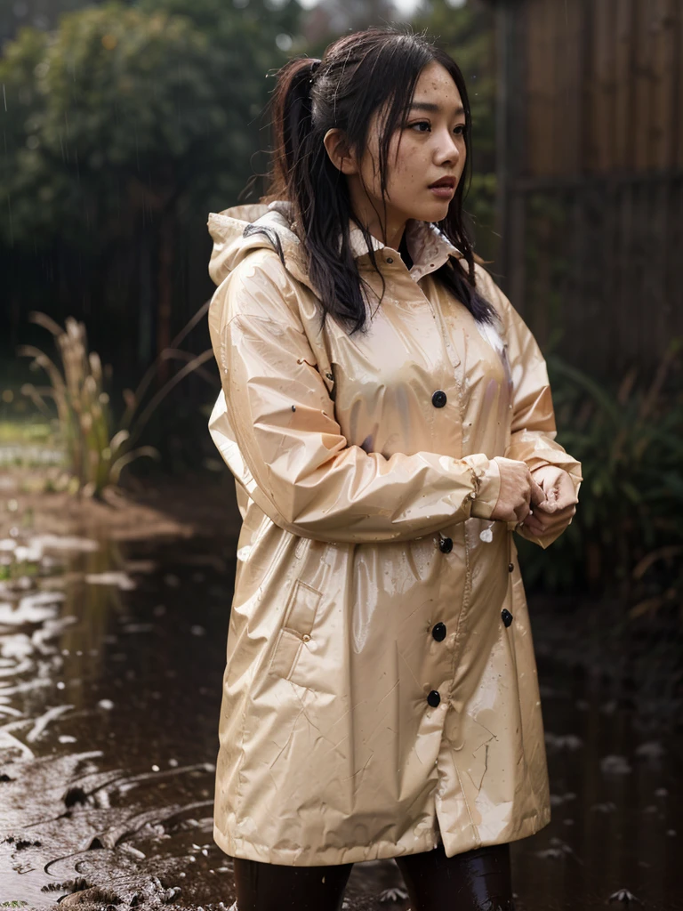 a beautiful young asian woman wearing a pink buttoned raincoat, her clothes and raincoat covered in mud, walking through a muddy field, (best quality,4k,8k,highres,masterpiece:1.2),ultra-detailed,(realistic,photorealistic,photo-realistic:1.37),HDR,UHD,studio lighting,ultra-fine painting,sharp focus,physically-based rendering,extreme detail description,professional,vivid colors,bokeh,portrait,realistic,photographic,natural lighting,muddy environment,rainy day