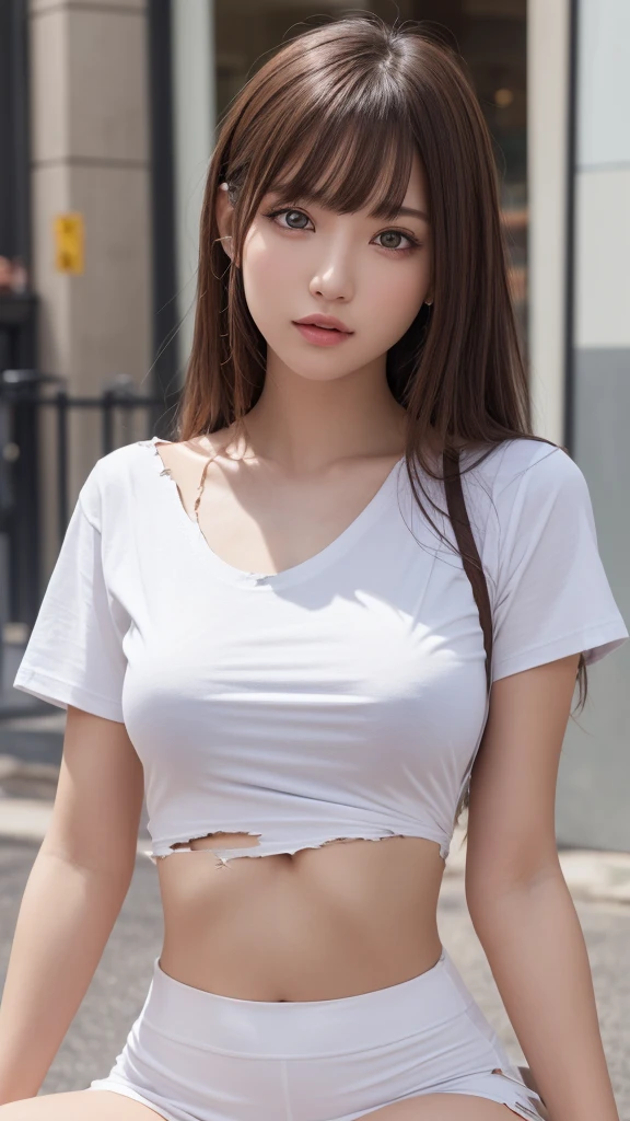 one girl, (a beauty girl, delicate girl:1.3), (20 years old, gal:1.3),
break, (underboob, side boob, Torn and damaged white t-shirt:1.5), breake, Full Body Shot, sitting, Spread legs,
very fine resolution, (symmetrical eyes:1.3),
break, (Street view:1.2),
break, big breasts, brown eyes, parted bangs, brown hair, girl,
break, (Eye and face details:1.0),
break, (masterpiece, highest quality, super detailed, detailed face, 8K)