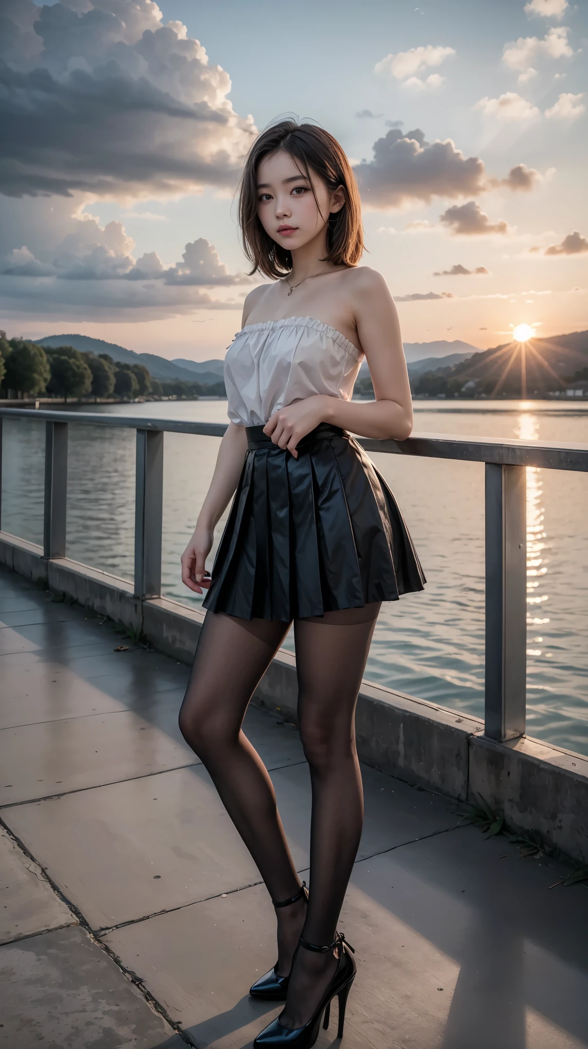 beautiful adolescente, strapless blouse, tiny pleated skirt, tights, high heels, ray tracing, 4K, best quality, near the lake, sunrise, cloudy sky