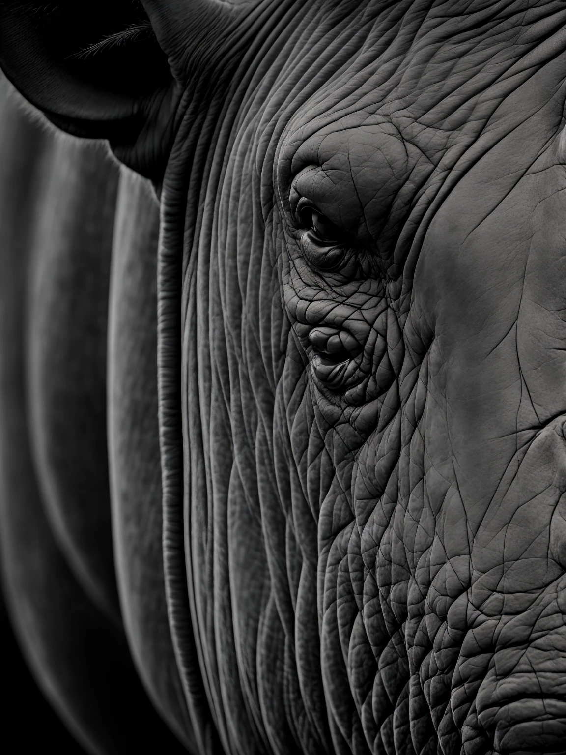 Closeup of the face of a rhinoceros, very perfect eyes and horn with a challenging look imposing black and white image very detailed logotype and with white outline high resolution image on a dark gradient background 