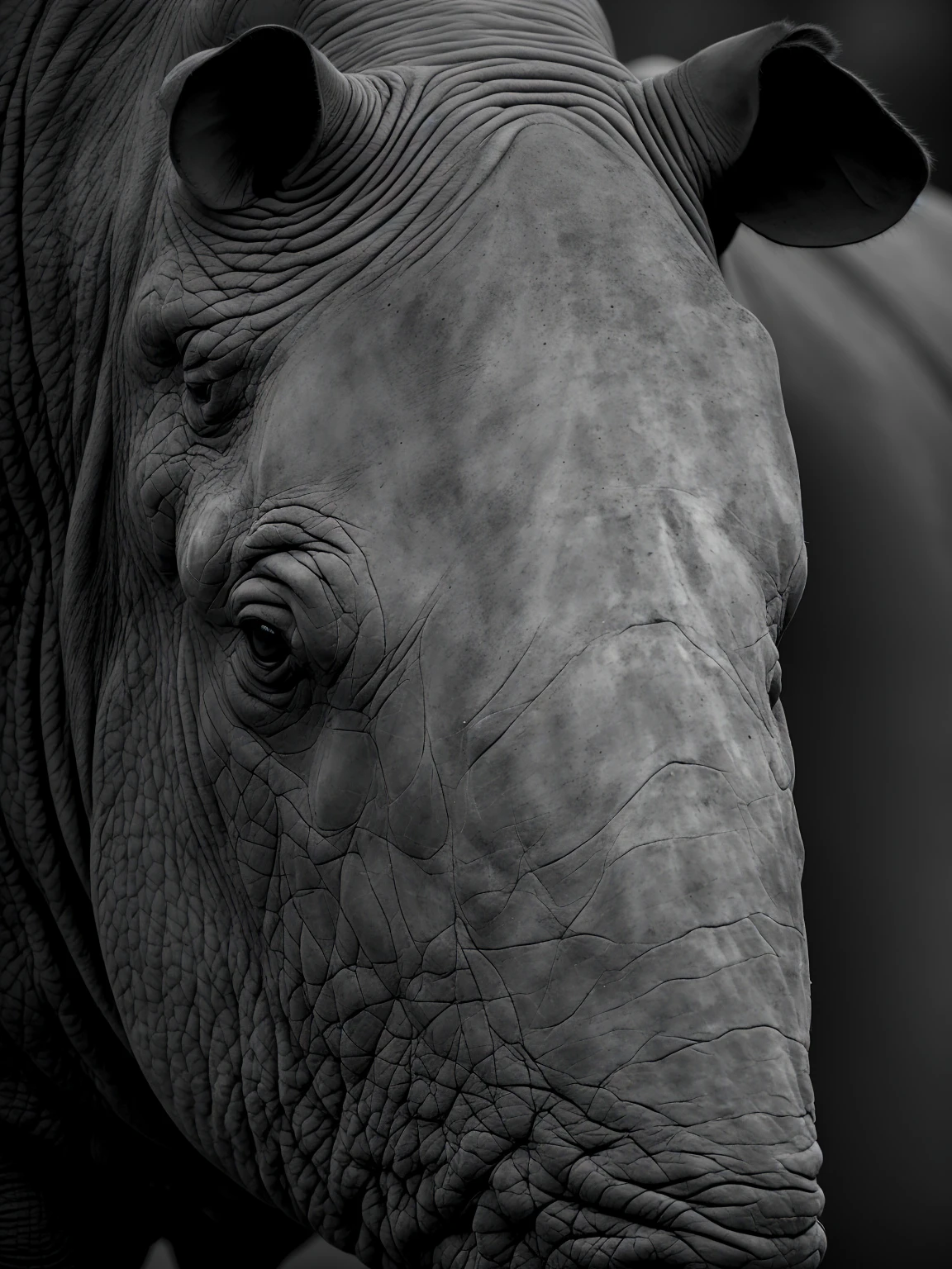 Closeup of the face of a rhinoceros, very perfect eyes and horn with a challenging look imposing black and white image very detailed logotype and with white outline high resolution image on a dark gradient background