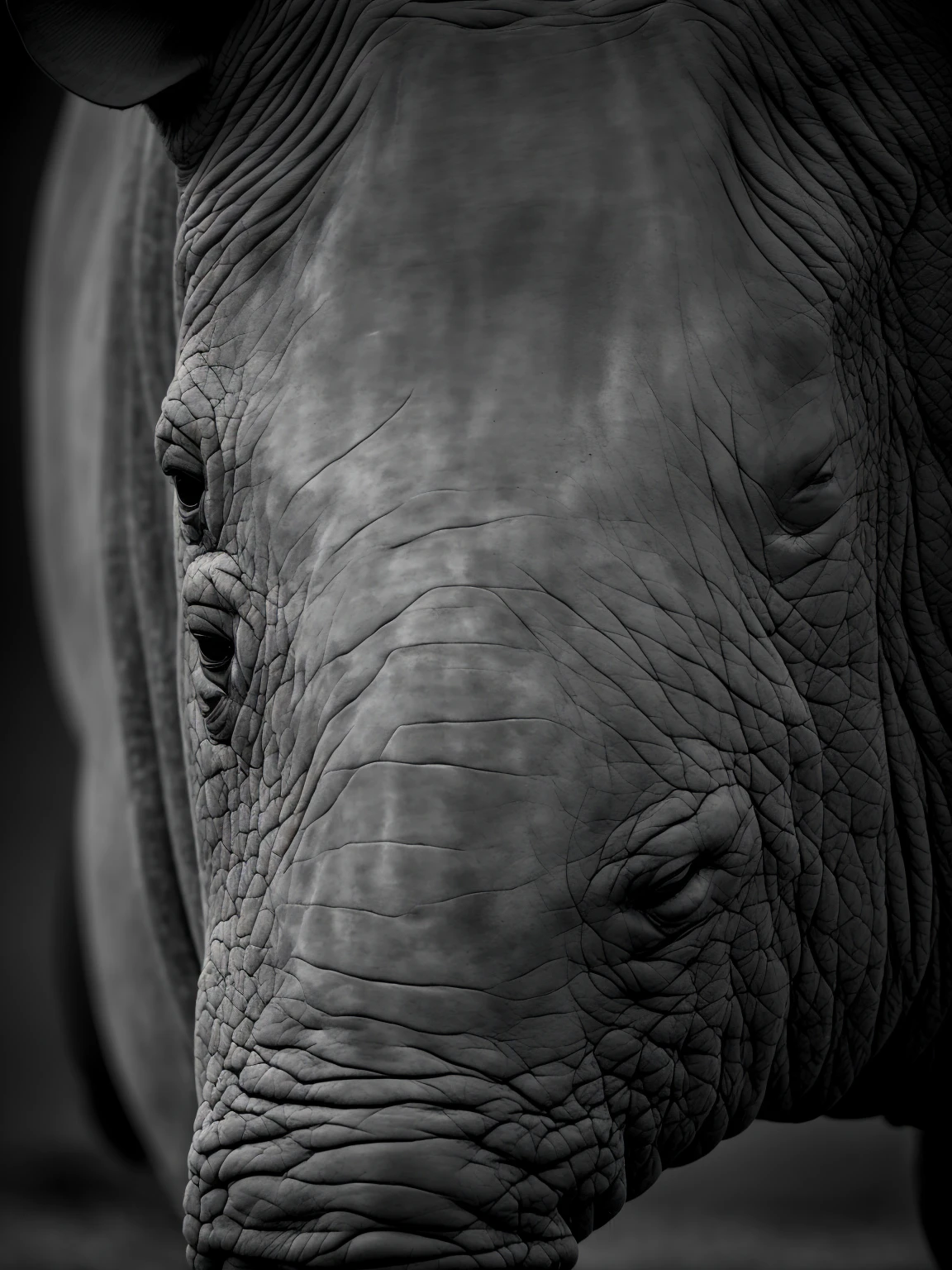 Closeup of the face of a rhinoceros, very perfect eyes and horn with a challenging look imposing black and white image very detailed logotype and with white outline high resolution image on a dark gradient background 