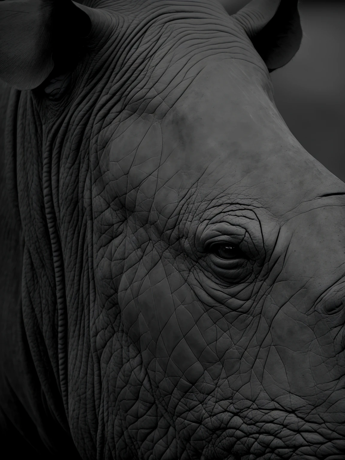 Closeup of the face of a rhinoceros, very perfect eyes and horn with a challenging look imposing black and white image very detailed logotype and with white outline high resolution image on a dark gradient background