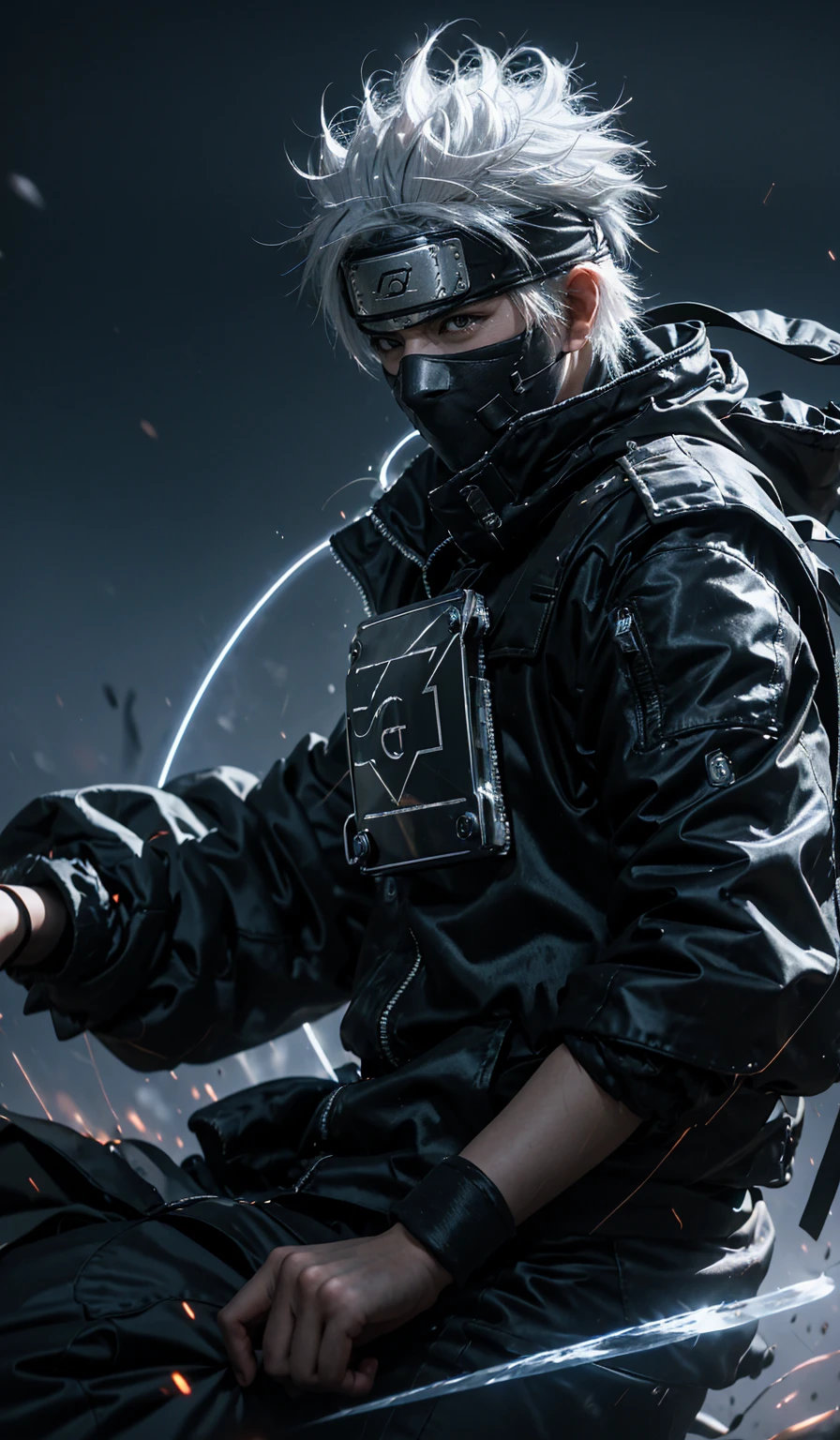 kakashi hatake(dramatic, gritty, intense:1.4),masterpiece, best quality, 8k, insane details, intricate details, hyperdetailed, hyper quality, high detail, ultra detailed, Masterpiece,upper body, close-up,(imid shot,macro shot:1.25),(white hair:1.2),1boy, right eye is closed by mask,
Kakashi Hatake in Naruto shippuden, holographic reality, holographic halo, motion blur, game light effect, rim light, soft light, movie rim light, delicate light, cyberpunk style, oil painting texture, full length shot, 3D artist, detailed, futuristic, lightning,