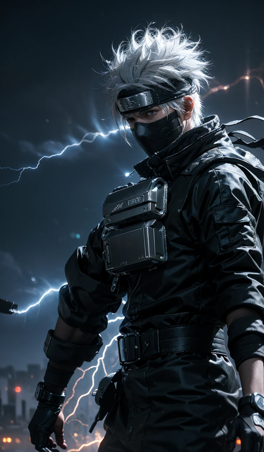 kakashi hatake(dramatic, gritty, intense:1.4),masterpiece, best quality, 8k, insane details, intricate details, hyperdetailed, hyper quality, high detail, ultra detailed, Masterpiece,upper body, close-up,(imid shot,macro shot:1.25),(white hair:1.2),1boy, right eye is closed by mask,
Kakashi Hatake in Naruto shippuden, holographic reality, holographic halo, motion blur, game light effect, rim light, soft light, movie rim light, delicate light, cyberpunk style, oil painting texture, full length shot, 3D artist, detailed, futuristic, lightning,