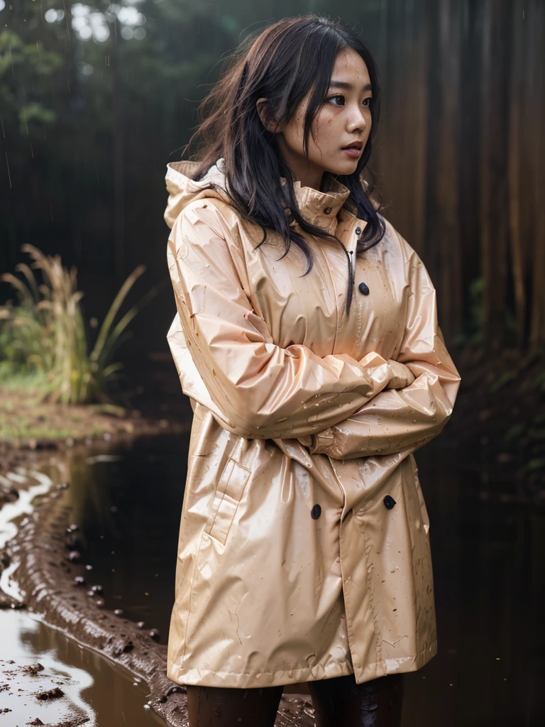 a beautiful young asian woman wearing a pink buttoned raincoat, her clothes and raincoat covered in mud, walking through a muddy field, (best quality,4k,8k,highres,masterpiece:1.2),ultra-detailed,(realistic,photorealistic,photo-realistic:1.37),HDR,UHD,studio lighting,ultra-fine painting,sharp focus,physically-based rendering,extreme detail description,professional,vivid colors,bokeh,portrait,realistic,photographic,natural lighting,muddy environment,rainy day