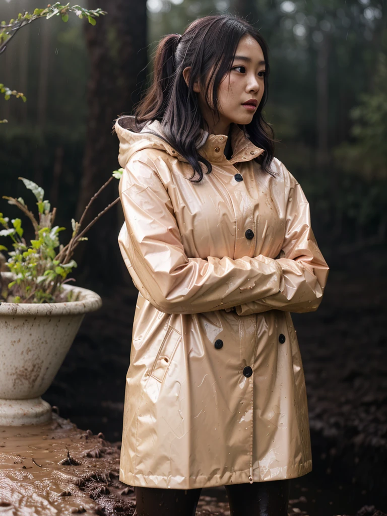a beautiful young asian woman wearing a pink buttoned raincoat, her clothes and raincoat covered in mud, walking through a muddy field, (best quality,4k,8k,highres,masterpiece:1.2),ultra-detailed,(realistic,photorealistic,photo-realistic:1.37),HDR,UHD,studio lighting,ultra-fine painting,sharp focus,physically-based rendering,extreme detail description,professional,vivid colors,bokeh,portrait,realistic,photographic,natural lighting,muddy environment,rainy day