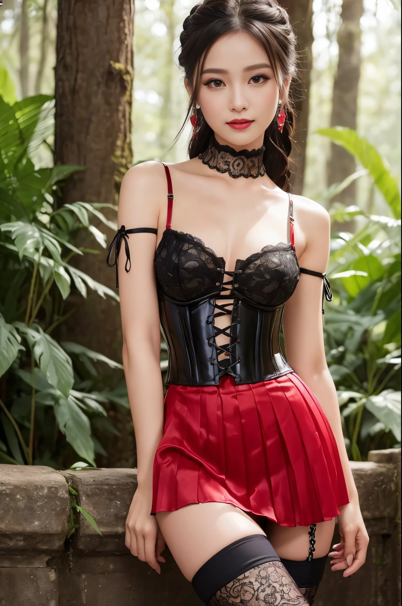 ((Photo from upper body to thigh: 1.4)), ((best soft studio lighting: 1.2)), (sexy Thai model: 1.3), photorealistic, ultra high resolution, closeup photo, (smiling face), long natural flowing hair, small breasts, (ultra detailed beautiful face), BREAK, clear sharp focus, perfect dark eyeshadow, vivid colors, (in the clearing of an ultra detailed ancient mystery forest: 1.3), bold lipstick, lip-gloss, black sparkling jewelry, wear an off-shoulder top, ultra detailed silk choker, full bodyesbian, ((Red-black pleated mini skirt)), (ultra detailed lace-up corset (lacy red or crimson) silked), ((Versace silked bustier top)), ((lace-up)), (sexy braided hold-up tights), (-pantise), blue eyeliner, (beautiful princess with long legs and good style)