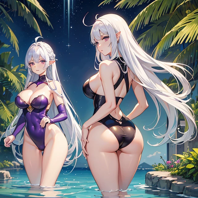 (Very detailed best high quality image, very detailed background, very detailed character and image) character alone, multiple views: front view, back view
1elfwomanmilf: silver hair, long spiky messed silver hair with golden ahoge, purple eyes, pointy short ears, pale white skin, very beautiful face, absolute beauty, voluptuous figure, big breats, big butt, slender beautiful arms, beautiful legs, seductive smile, seductive eyes, (purple with golden details one-piece swimsuit)
Scene: she is dancing at a beautiful pink and green natural garden with a golden fountain with clean water