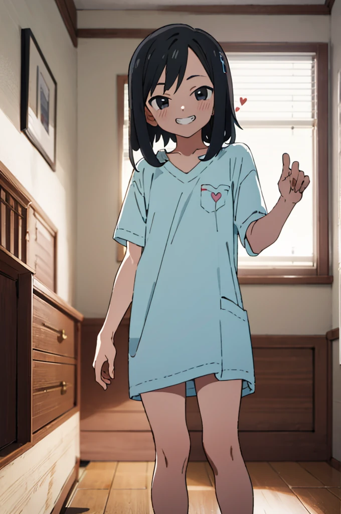masterpiece, highres, 1girl, MaiToganoR4, black hair, black eyes,,spoken heart,,(petite),flat chest,grin,my room,socks,