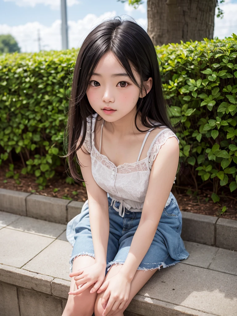 (Highest quality), (masterpiece), highly detailed, A young-aged Riho Yoshioka, wearing a child&#39;s uniform, is lying on her back on a bed with her legs raised to chest height, legs wide open, and her anus protruding towards the viewer.,  body, whole body, Eyes that are evenly shaped, Big eyes, Droopy eyes, A dreamy look, Provocative pose, Very short hair, Almost flat breasts, Her lower abdomen is bare, she does shy smile, she is blushing, She has a full head of pubic hair, I insert my penis into her vagina and cum inside her, get creampied, Beautiful Vagina, Insert your penis into her vagina from the front, She has her mouth open, A simple background with just a sheet,