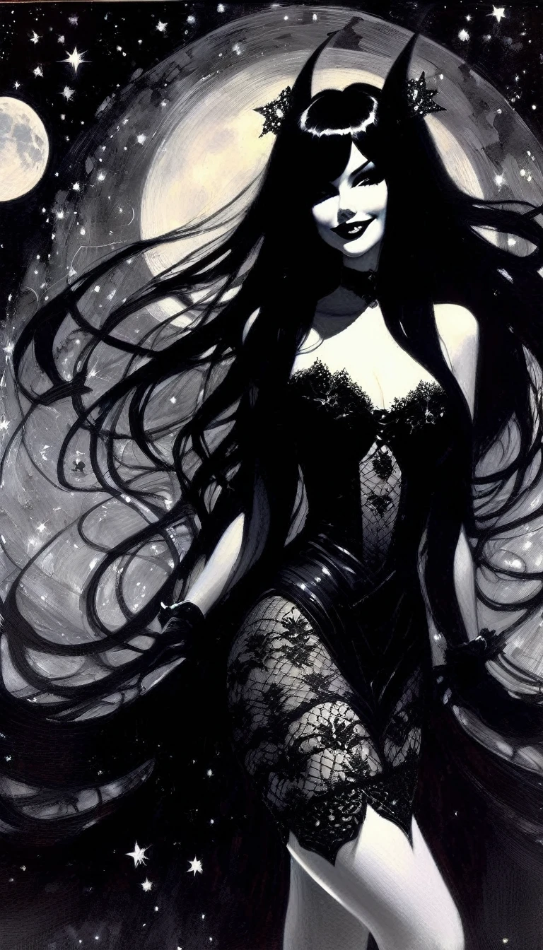 magical girl, very long black hair, very sexy lace dress, naked sinister forest, magic, fantastic, night sky, moons, stars, background, nsfw, face full week, week in face, week in body, all week full, smile, (art inspired by Bill Sienkiewicz). oil painting) black and white image