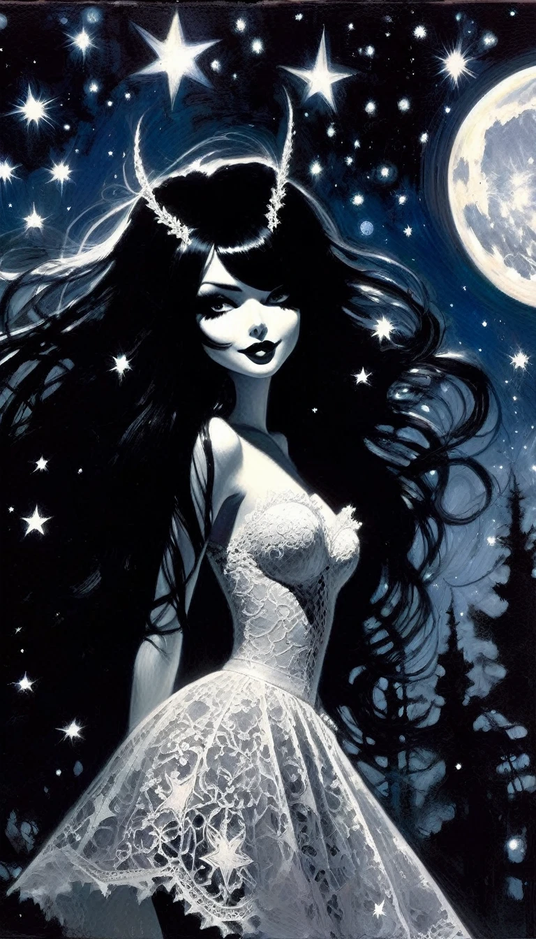 magical girl, very long black hair, very sexy lace dress, naked sinister forest, magic, fantastic, night sky, moons, stars, background, nsfw, face full week, week in face, week in body, all week full, smile, (art inspired by Bill Sienkiewicz). oil painting) black and white image
