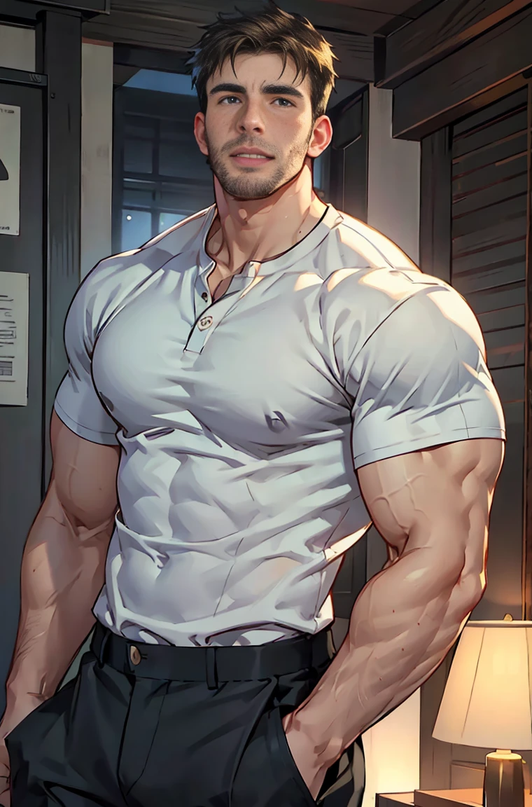 Hot tall muscular male, chris evans face, chris evans picture, tall body, sexy body, The man is wearing a white shirt