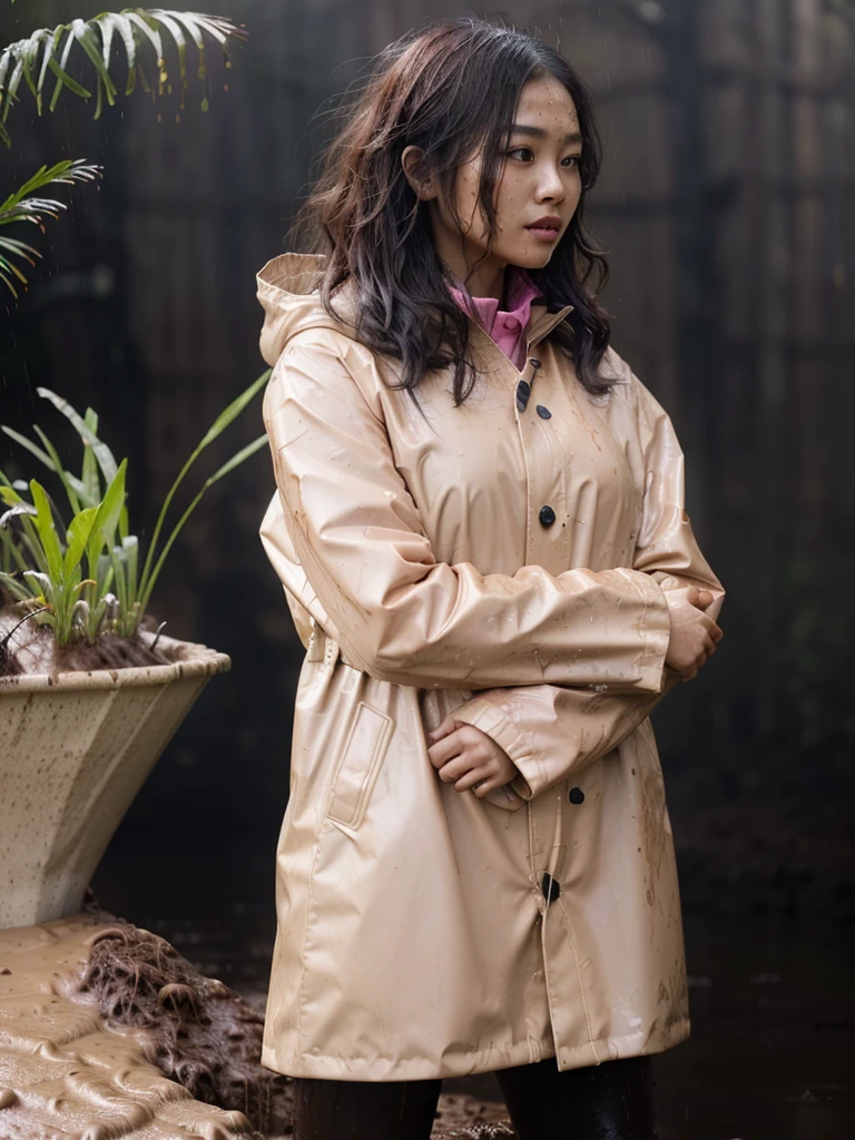 a beautiful young asian woman wearing a pink buttoned raincoat, her clothes and raincoat covered in mud, walking through a muddy field, (best quality,4k,8k,highres,masterpiece:1.2),ultra-detailed,(realistic,photorealistic,photo-realistic:1.37),HDR,UHD,studio lighting,ultra-fine painting,sharp focus,physically-based rendering,extreme detail description,professional,vivid colors,bokeh,portrait,realistic,photographic,natural lighting,muddy environment,rainy day