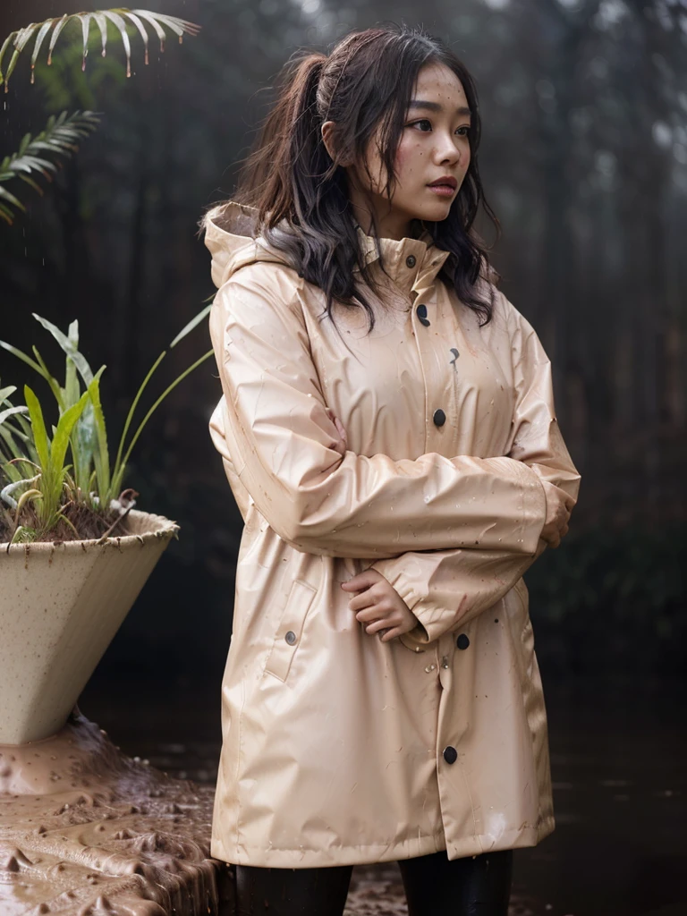 a beautiful young asian woman wearing a pink buttoned raincoat, her clothes and raincoat covered in mud, walking through a muddy field, (best quality,4k,8k,highres,masterpiece:1.2),ultra-detailed,(realistic,photorealistic,photo-realistic:1.37),HDR,UHD,studio lighting,ultra-fine painting,sharp focus,physically-based rendering,extreme detail description,professional,vivid colors,bokeh,portrait,realistic,photographic,natural lighting,muddy environment,rainy day