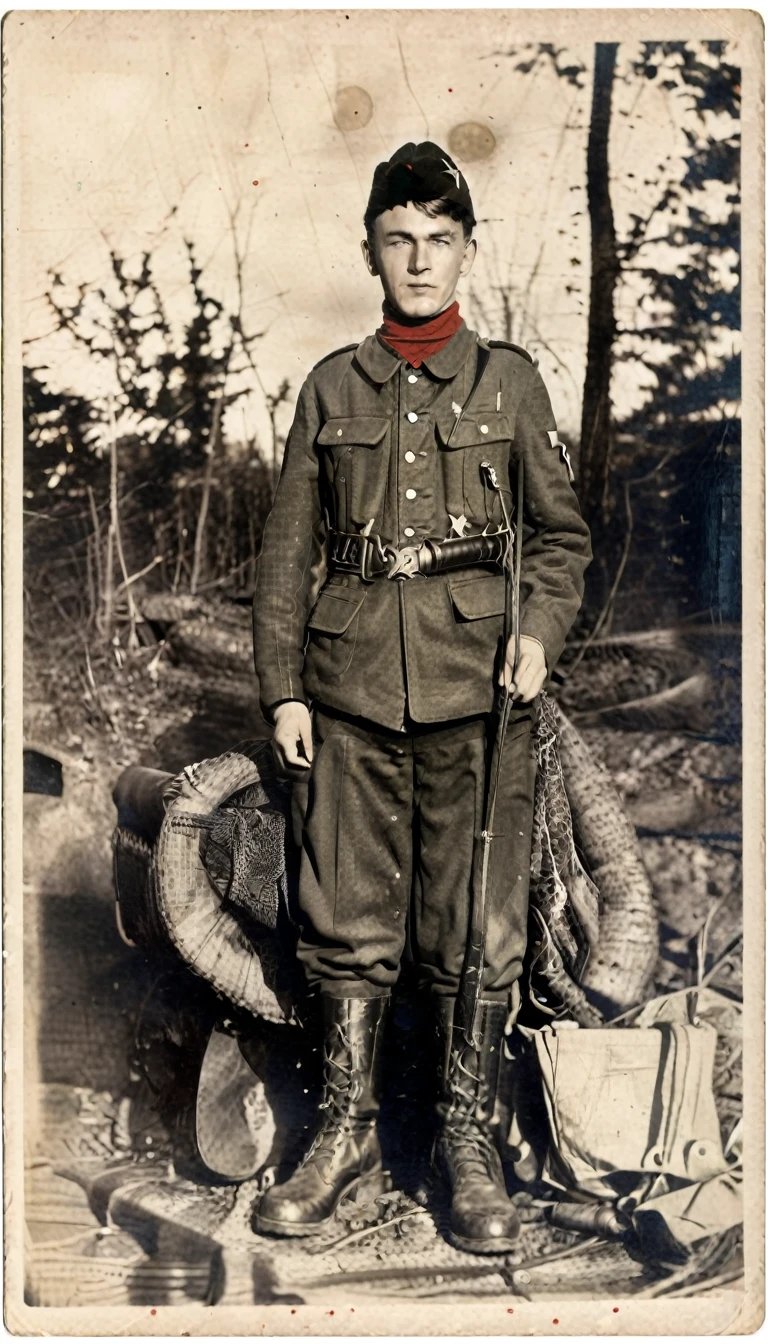 Year 1939, Young man aged 17-18 years , Dark green jacket, red turtleneck, The jacket has a red four-pointed star on the lapel., Always wear a black vest., Wearing light green M35 Harovari pants.,, Military boots, Wear a Soviet Pilotka Cap.(clamp cap) There is a red star attached to it., Eastern Slavic faces(Soviet Union), Soviet Union, World War II, ww2 old pictures, ww2 military camp, Sitting around the fire,