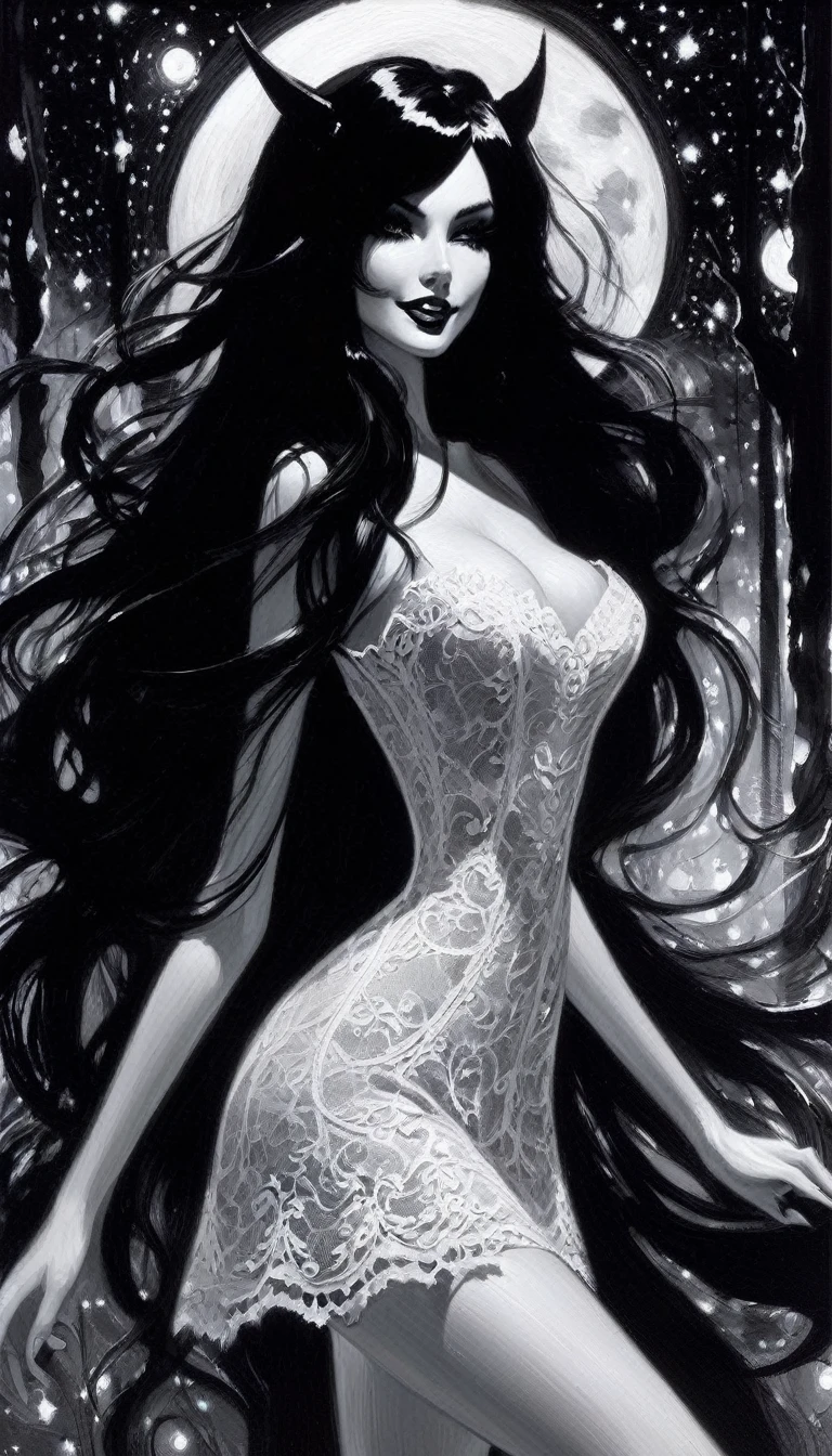 magical girl, very long black hair, very sexy lace dress, naked sinister forest, magic, fantastic, night sky, moons, stars, background, nsfw, face full week, week in face, week in body, all week full, smile, (art inspired by Bill Sienkiewicz). oil painting) black and white image
