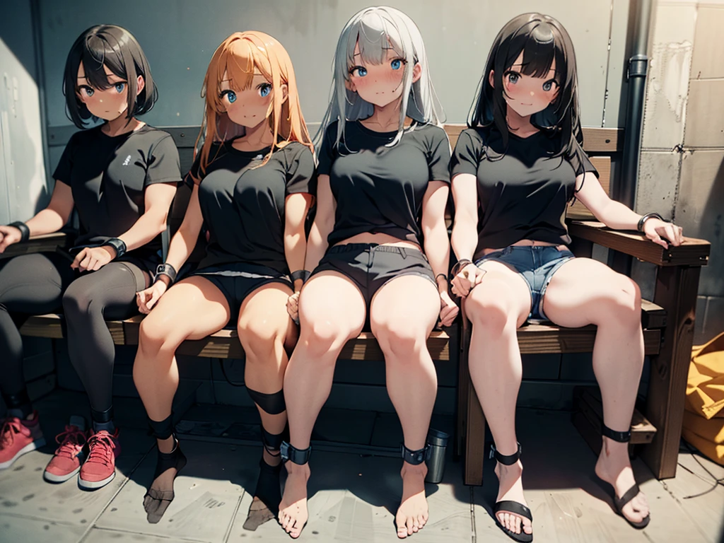 3 girls, strapped to chairs, (inside basement, underground), (bondage chair:1.0), (open legs:1.5), (blushing:1.5), (blushing, terrified), (ankle cuffs, ankles tied, wrist cuffs, wrists tied), arms to the sides, long hair, beautiful eyes, ((short sleeves, tight clothing, gym uniform, mini-shorts, shoeless)), perfect body, perfect face, (focus on face), perfect eyes, detailed eyes, centered 