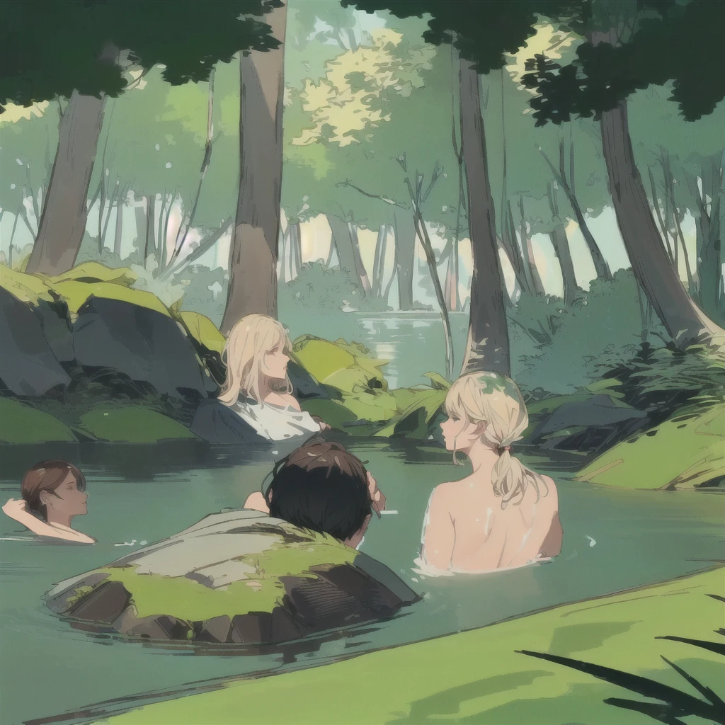 a group of 4 people bathing in a lake,1 woman, 3 men, crystal clear water, lush green trees surrounding the lake, warm sunlight filtering through the leaves, peaceful and serene atmosphere, detailed facial features, realistic skin textures, wet clothing and hair, splashing water effects, high quality 8k resolution, photorealistic, vibrant colors, natural lighting, masterpiece