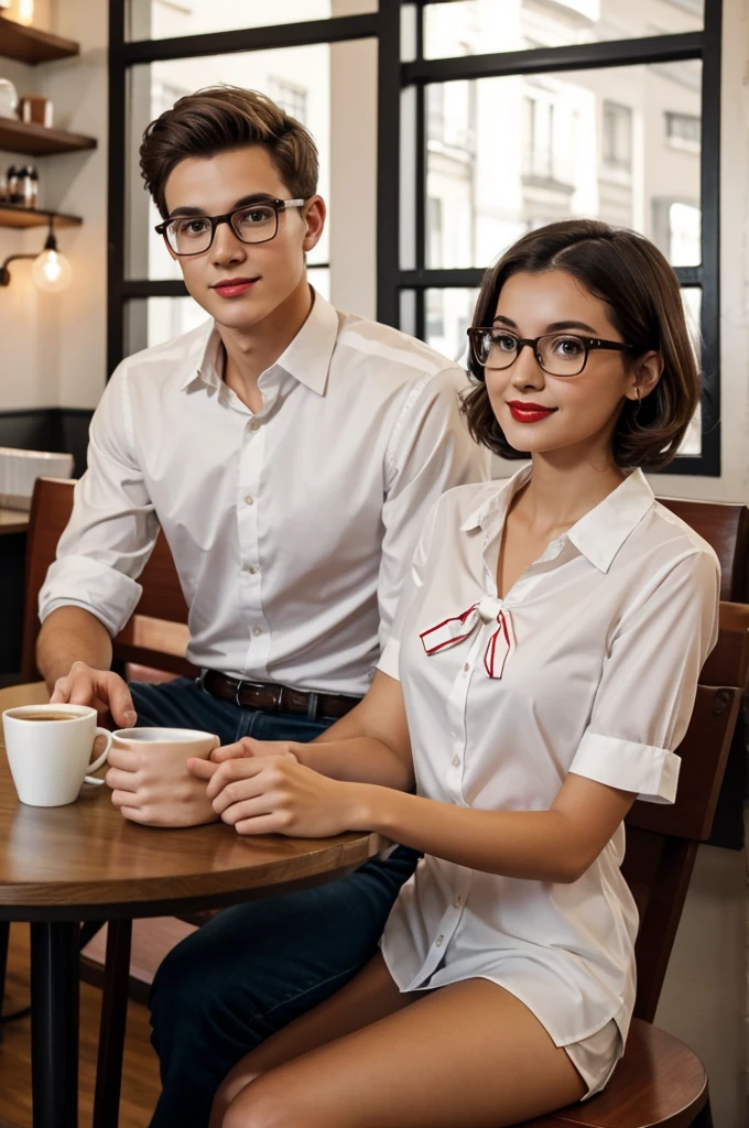 a photo of a young man, nerdy woman sitting in a coffee shop, wearing a white shirt and a bow, surrounded by a cozy atmosphere, looking at the viewer.
short hair, slender, Red lips, transparent screen, flirting with the camera