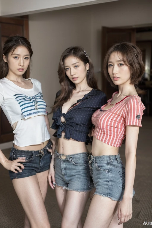 (Original Photography:1.3), dramatic,best quality, Very detailed, high resolution, best quality, Original Photography, Super Detail, (Delicate face), (Delicate eyes) ,blonde,Stylish hairstyle,(Beautiful short skirt、Very detailed的T恤:1.1),rebellious, (((3 Women站在一起:1.3))),Korean female star,fashion model,close up, 3 Women. Cleavage,(((Complex T-shirt、stripe、badge、Bow))),Slender long legs,High heel,Standing