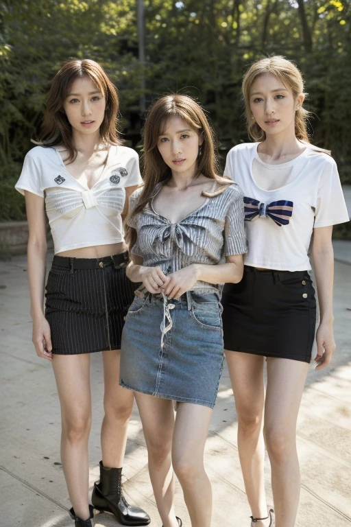(Original Photography:1.3), dramatic,best quality, Very detailed, high resolution, best quality, Original Photography, Super Detail, (Delicate face), (Delicate eyes) ,blonde,Stylish hairstyle,(Beautiful short skirt、Very detailed的T恤:1.1),rebellious, (((3 Women站在一起:1.3))),Korean female star,fashion model,close up, 3 Women. Cleavage,(((Complex T-shirt、stripe、badge、Bow))),Slender long legs,High heel,Standing