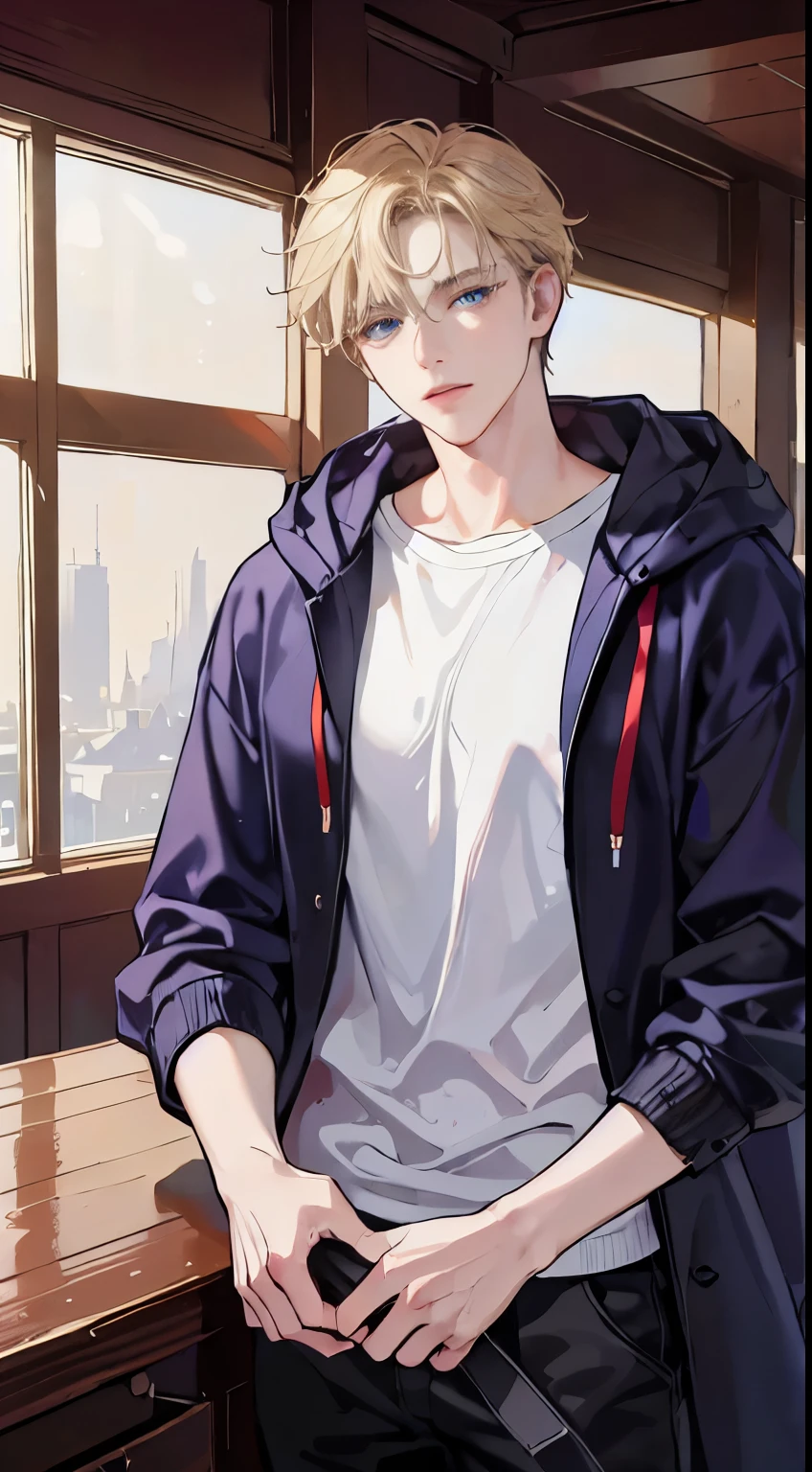sports boy, shoulder length hair, bundled hair, Hoodie, casual style, college campus, Modern era, a handsome young 25 year old man, blonde hair, college student, short hair length, half-tied hair, blue eyes, flirty expression, messy bangs, charming smile, (best quality,4k,8k,highres,masterpiece:1.2), natural lighting, vibrant colors, cinematic composition, chiaroscuro lighting, 묶음머리, 반묶음 헤어스타일, 단발머리, 눈 디테일