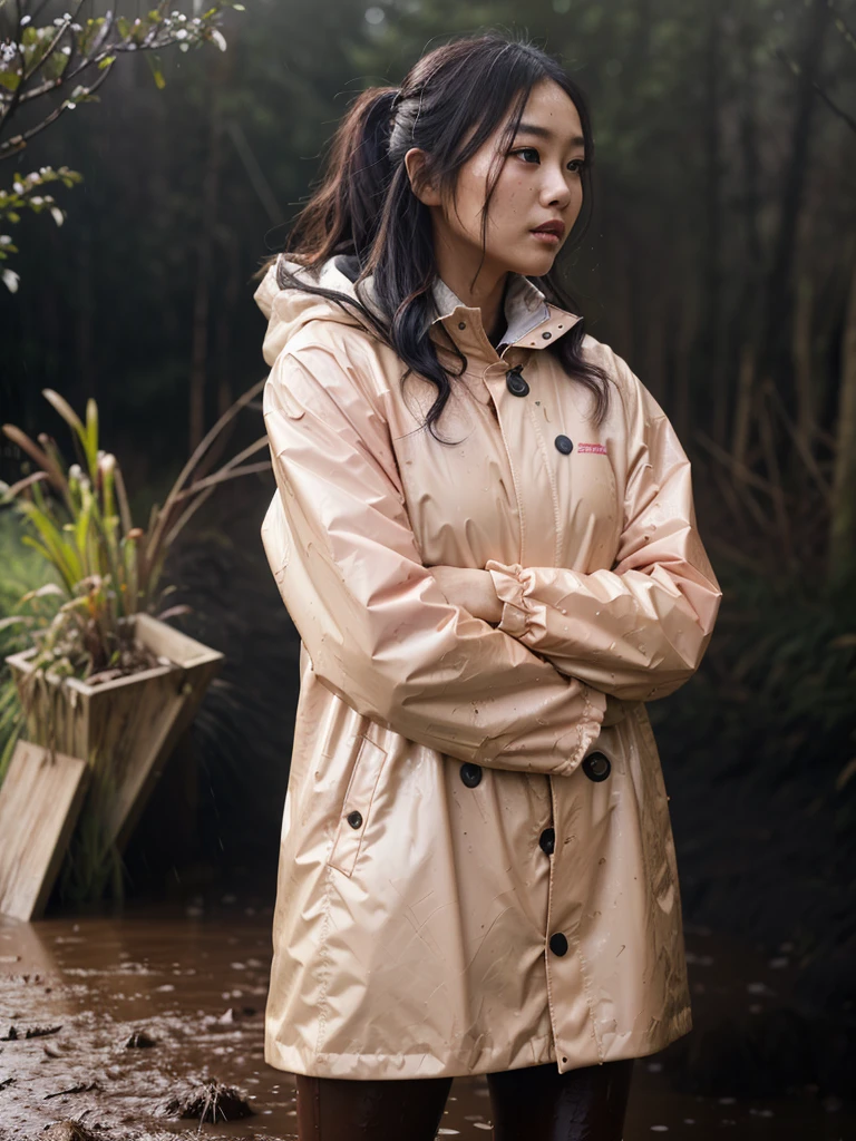 a beautiful young asian woman wearing a pink buttoned raincoat, her clothes and raincoat covered in mud, walking through a muddy field, (best quality,4k,8k,highres,masterpiece:1.2),ultra-detailed,(realistic,photorealistic,photo-realistic:1.37),HDR,UHD,studio lighting,ultra-fine painting,sharp focus,physically-based rendering,extreme detail description,professional,vivid colors,bokeh,portrait,realistic,photographic,natural lighting,muddy environment,rainy day