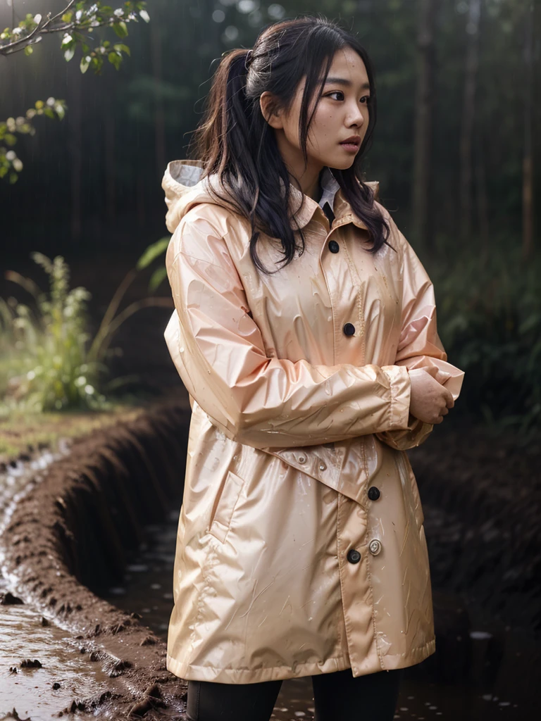 a beautiful young asian woman wearing a pink buttoned raincoat, her clothes and raincoat covered in mud, walking through a muddy field, (best quality,4k,8k,highres,masterpiece:1.2),ultra-detailed,(realistic,photorealistic,photo-realistic:1.37),HDR,UHD,studio lighting,ultra-fine painting,sharp focus,physically-based rendering,extreme detail description,professional,vivid colors,bokeh,portrait,realistic,photographic,natural lighting,muddy environment,rainy day