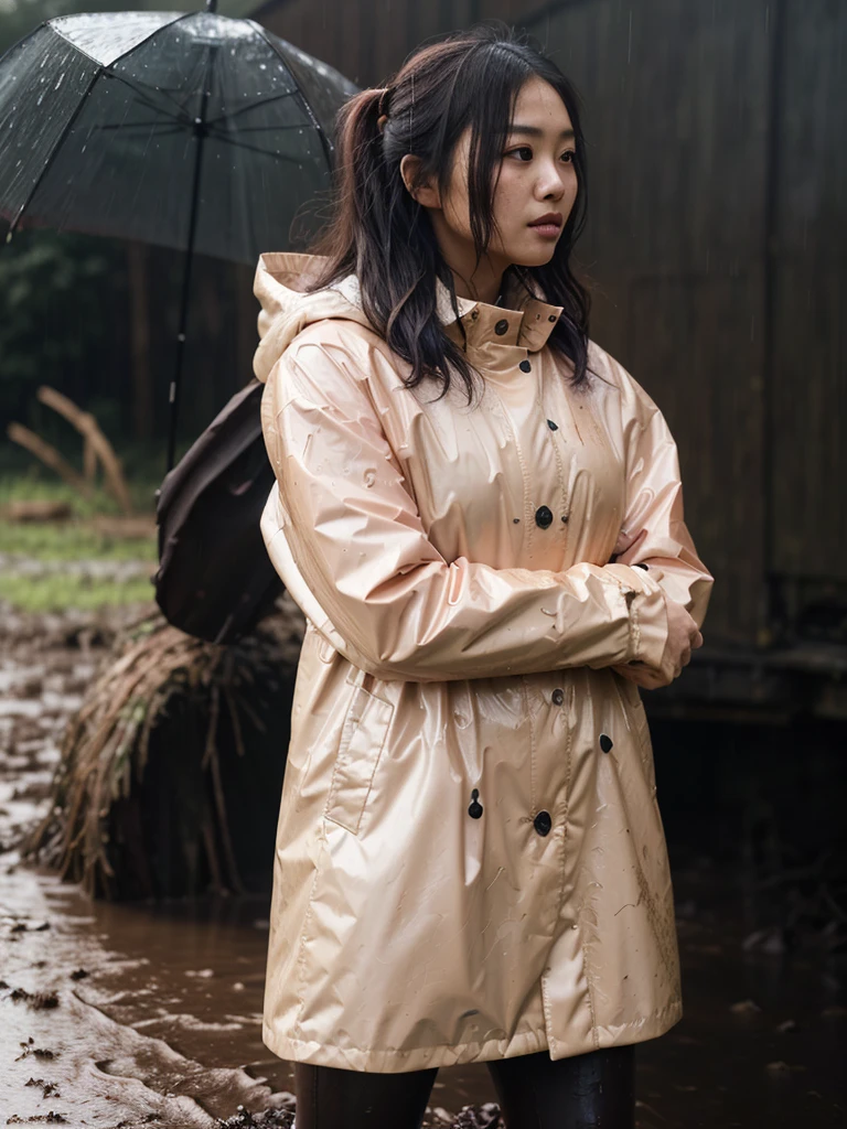 a beautiful young asian woman wearing a pink buttoned raincoat, her clothes and raincoat covered in mud, walking through a muddy field, (best quality,4k,8k,highres,masterpiece:1.2),ultra-detailed,(realistic,photorealistic,photo-realistic:1.37),HDR,UHD,studio lighting,ultra-fine painting,sharp focus,physically-based rendering,extreme detail description,professional,vivid colors,bokeh,portrait,realistic,photographic,natural lighting,muddy environment,rainy day