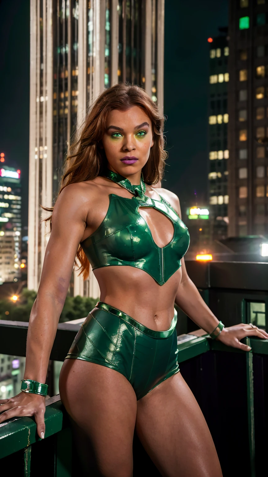 masterpiece, Best quality, (epiCRealLIfe), (photorealistic1.4), (young woman), (European Model), (tall athletics body), (orange skin), (hail33), (red hair), (green eyes), (dark red lipsticks), (Starfire), abs, (perfect hands), (Starfire hairstyle), (Starfire costume), (purple latex bodysuit), (silver trimming on outfit), (silver metal armband), (silver metal arm guards), (green gems), (exposed midriff), (flash photography), (flashphoto), (cowboy shots), (city rooftop), (empire state building), (at night), (night view), (spotlight), (from front), (outdoor)