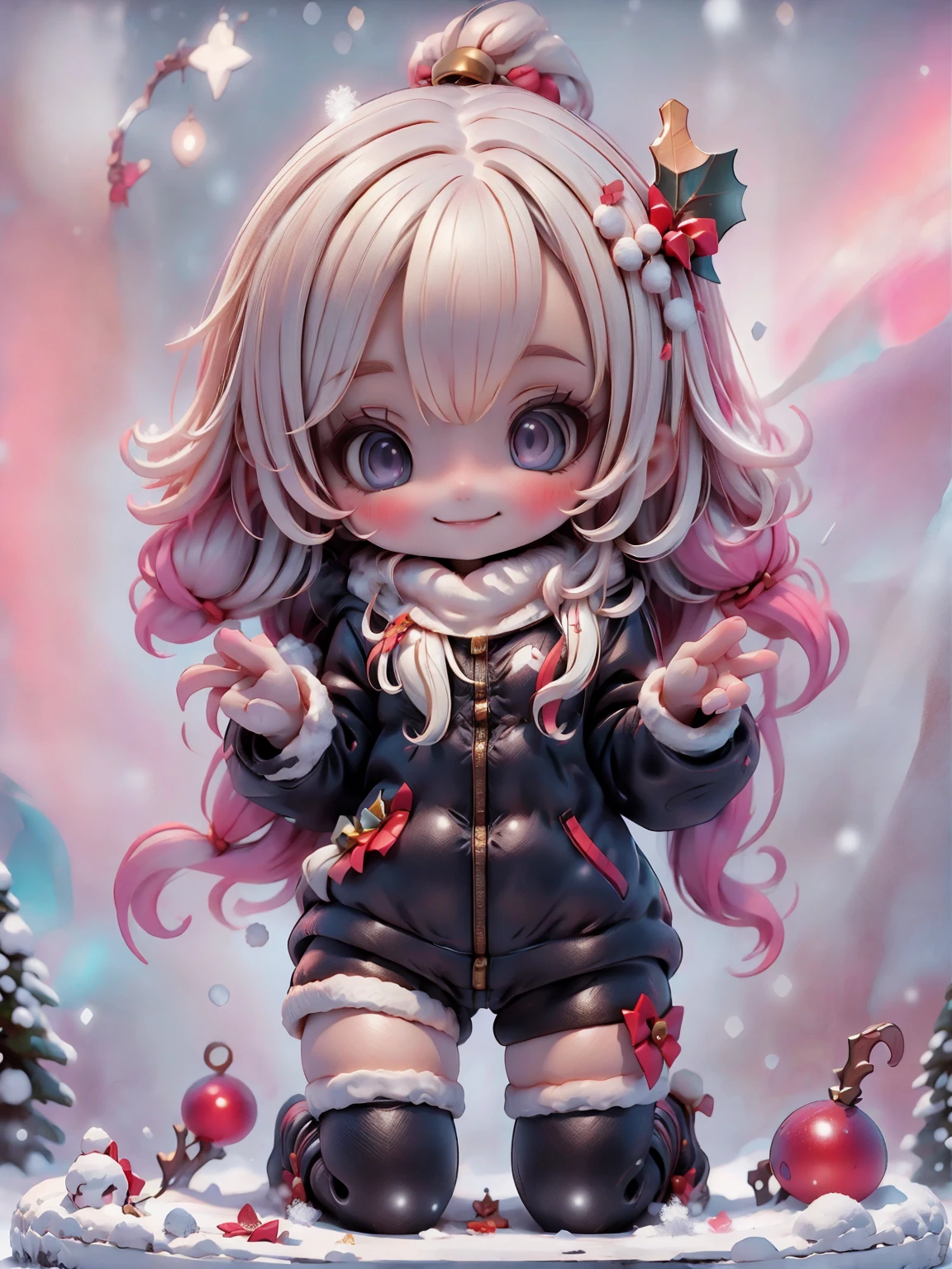 a smiling girl dressed in winter clothes, padded clothes and fur, full body, dynamic poses, it's snowing, snow on the groundultra detailed, 8k, high resolution, best quality, masterpiece, chibi, snake eyes, kawaii eyes, christmas , santa costume, red and white, cheerful expression, snow, winter, kawaii, cute, adorable, high quality rendering, detailed face, intricate details, sharp focus, realistic, photorealistic