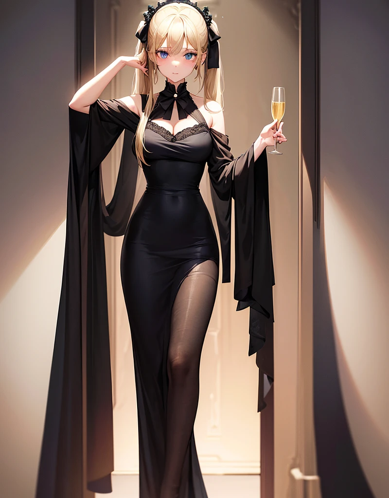 an adult girl, She has two pigtails falling over her shoulders, decorated with black ribbons, SHE HAS BLONDE HAIR, blue eyes and a very elegant and very long black dress for a gala dinner with a cut that allows her to show her leg, wears beautiful evening makeup, He is at a gala party having a glass of champagne, full body image