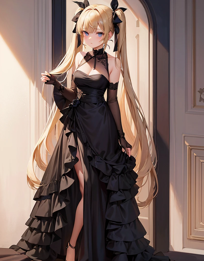 an adult girl, She has two pigtails falling over her shoulders, decorated with black ribbons, SHE HAS BLONDE HAIR, blue eyes and a very elegant and very long black dress for a gala dinner with a cut that allows her to show her leg, wears beautiful evening makeup, He is at a gala party having a glass of champagne, full body image