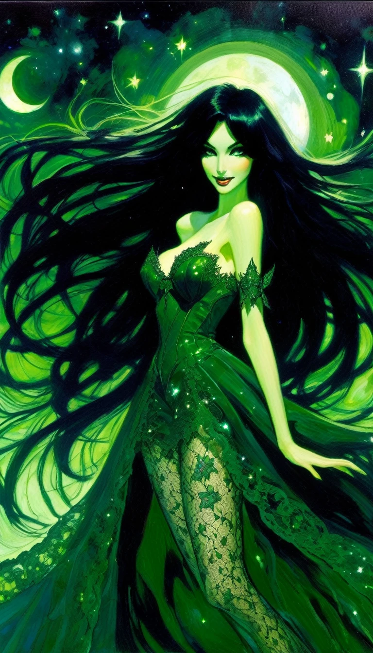 magical girl, very long black hair, very sexy lace dress, naked sinister forest, magic, fantastic, night sky, moons, stars, background, nsfw, face full week, week in face, week in body, all week full, smile, (art inspired by Bill Sienkiewicz). oil painting) green tones