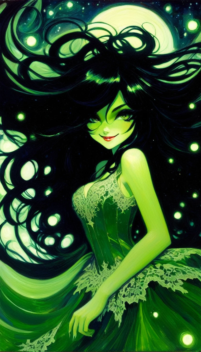 magical girl, very long black hair, very sexy lace dress, naked sinister forest, magic, fantastic, night sky, moons, stars, background, nsfw, face full week, week in face, week in body, all week full, smile, (art inspired by Bill Sienkiewicz). oil painting) green tones